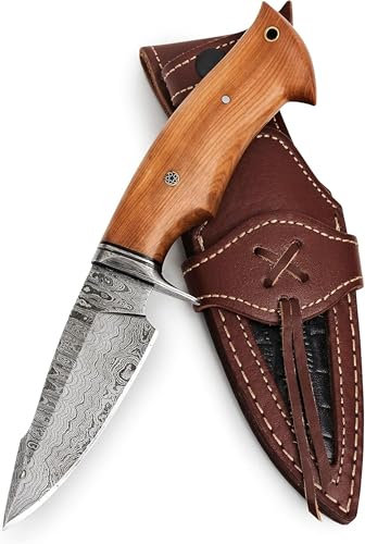 BIGCAT ROAR Predator Hunter – Jagdmesser 25,4 cm aus Damaszenerstahl – Olivenholzgriff & Lederscheide – Bushcraft Messer, Outdoor Camping, Survival – Geschenkidee für Männer & Sammler