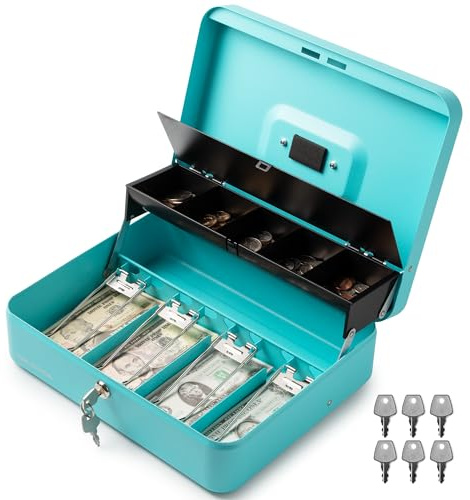 Volcora Large Cash Box with Key Lock, Metal Money Box for Cash, Portable Locking Safe Box with Money Tray, Durable Money Saving Organizer for Yard Sale, Garage Sale, Small Business, Cyan