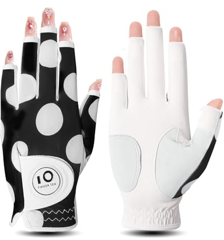 FINGER TEN Golfhandschuhe Damen Leder Links Rechts Hand Golfhandschuh Golf Handschuhe mit Ball Marker Wert 1 Stück Handschuh, Rain Grip Griff Linke Rechte Golfer (Weißer Punkt, S, Links)
