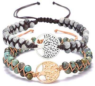 SZETOSY GOODCHANCEUK Yoga-Armband mit Baum des Lebens, handgefertigt, Naturstein, afrikanischer Türkis, geflochtenes Damen-Freundschaftsarmband mit Geschenk-Box, 2 Stück, Einstellbar, Stein