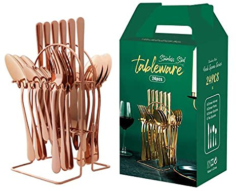 Set Di 24 Pezzi Di Argenteria Da Cucina, 430 In Acciaio Inossidabile, Set Di Posate Per 6, Set Di Argenteria Unico Con Portaoggetti, Confezione Regalo, Lavabile In Lavastoviglie (Oro rosa)
