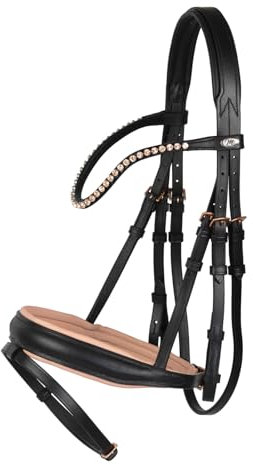 Marengos - Trensenzaum Comfort Rosé – Trense aus Leder – Reithalfter mit geradem Genickstück mit Ohrenfreiheit – Zaumzeug mit Zügel – Größe Vollblut – Pferde Zubehör in Schwarz