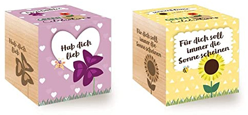 Feel Green 296657 Celebrations Ecocube, Herzblattklee/Love Plant, Holzwürfel Mit Lasergravur «Hab Dich Lieb» & Celebrations Ecocube, Sonnenblume Bio Samen, «Für Dich Soll Immer Die Sonne Scheinen»
