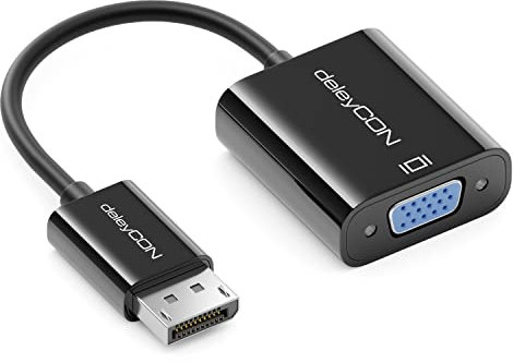 deleyCON DisplayPort auf VGA Adapter Konverter - (für Monitor/Beamer) DisplayPort Stecker auf VGA Buchse - für DP Computer/PC auf Monitor/Beamer - Schwarz