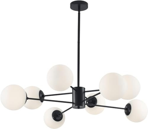 KCO Lámpara de araña Sputnik negra para montaje en techo, 8 luces, globo de cristal, candelabro Sputnik, lámpara de araña moderna de mediados de siglo, lámpara de araña de cocina Sputnik