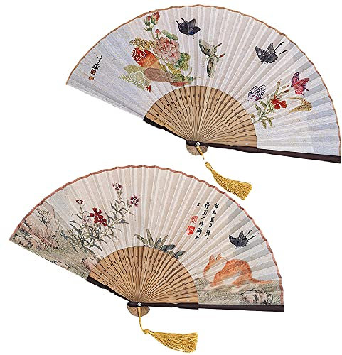WANYIG 2 Stück Faltbarer Fächer aus Seide Vintage-Stil Handfächer Klein Damen Sommer Faltventilator Chinesischer Fan Stoff für Hochzeiten,Tanz, Party,DIY, Haus Wand Dekoration (Stil #3)