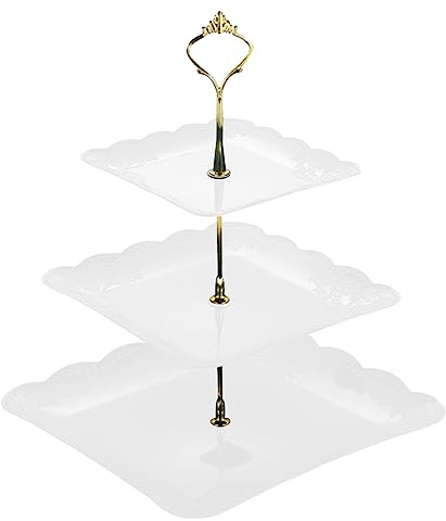 Spldsun Soporte para Tartas, Bandeja de Tartas Plato de Frutos Soporte para Cupcakes de 3 Niveles Exhibición Portátiles Square Cupcake y Torre de Postre (Blanco y Verde Claro)