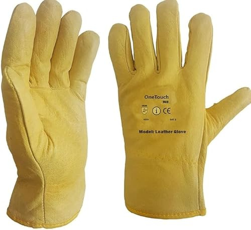 A406 2 PAIRS Driver Gloves Yellow Leather Gloves Fleece Cotton Lined Leather Lorry Drivers Work Gloves (Large)