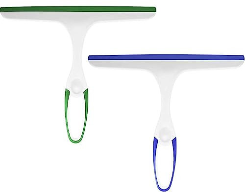 BANSHAN window wiper, shower wiper, glass cleaning rubber blade, plastic cleaning wiper mirror, bathroom, window, floor, glass, 2 pieces (blue, green)