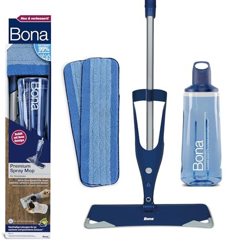 Bona Bodenwischer mit Sprühfunktion, Premium Spray Mop für Holzfußböden, Sprühwischer Set mit extra Mikrofaser-Reinigungspad & WM740219022 Fliesen- und Laminatreiniger Nachfüllpack 3 x 4 L