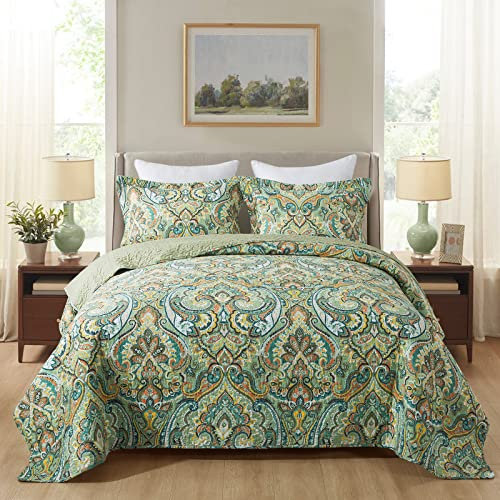 NEWLAKE Baumwoll-Tagesdecken-Sets – wendbares Patchwork-Bettwäsche-Set, europäisches grünes Blumenmuster, California King Size