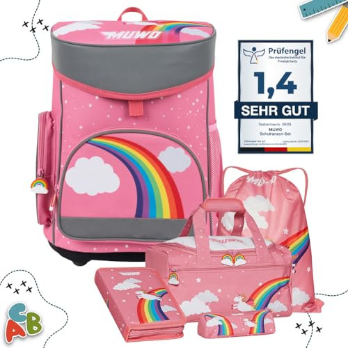 MUWO Kinder Schulranzen Set 5tlg. ergonomischer leichter Schulrucksack mit Sporttasche, Turnbeutel, Federmappe, nur 920 gramm (Einhorn Design)