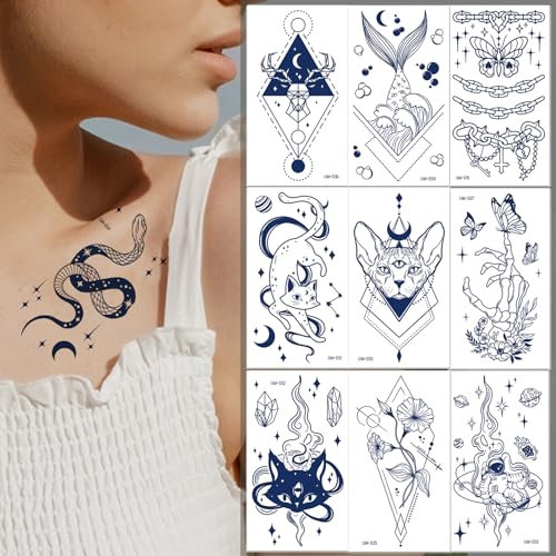 Qpout 10 Blatt Semi-Permanente Tattoos für Frauen Mädchen - Realistische Temporäre Body Art Aufkleber, Dunkelblau, Wasserdicht, Langlebig für 1-2 Wochen