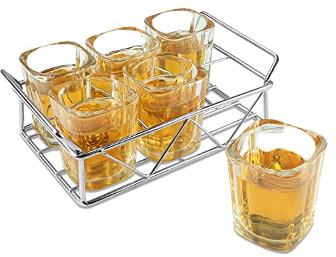 LELE LIFE 6Pcs Shot Glasses with Stainless Steel Shot Glass Holder, 60ml Square Funny Shot Glass Set Tequila Glasses, Cool Tequila Gifts for Men, Easy to Carry Without Spilling