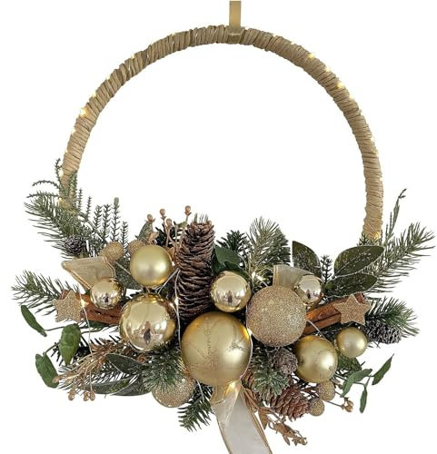 Annewi Weihnachtskranz, Vorbeleuchteter Künstlicher Weihnachtskranz, Wiederverwendbarer LED-Kranz für den Außenbereich, Weihnachtstürkranz mit Timer Weihnachtskugeln für Haustür Fenster (Gold)