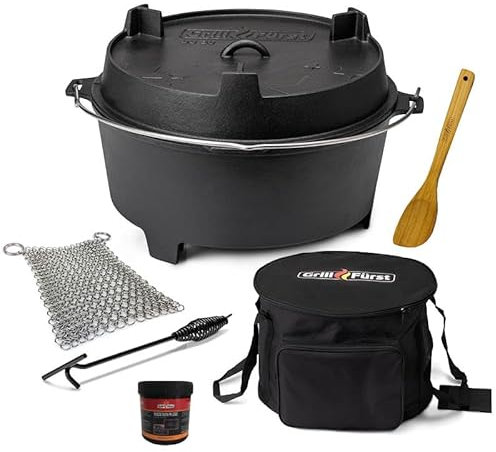 Grillfürst Dutch Oven ca. 20 Liter - hitzebeständiger Gusseisen Topf, speziell entwickelte T-Füße, Deckel nutzbar, DO20 inkl. Deckelheber, Tasche, Pflegepaste, Ringreiniger und Holzlöffel
