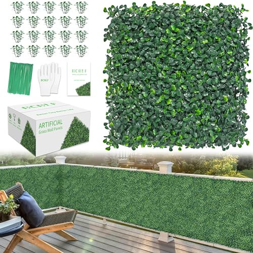 BCBLF Lot de 12 panneaux muraux de 25,4 x 25,4 cm, 4 couches de haie de buis anti-UV avec 50 attaches à fermeture éclair, toile de fond en fausse herbe artificielle sans odeur pour intérieur et