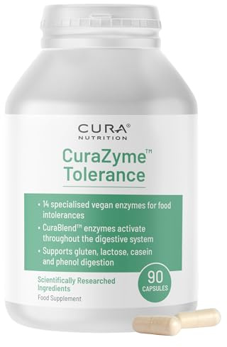Cura Nutrition Curazyme Tolerance Food Intolerance Digestive Enzymes 90ct | For gluten, lactose, dairy & FODMAP sensitivity, 14 enzyme blend with DPP-IV, protease, amylase, lactase, vegan, non GMO