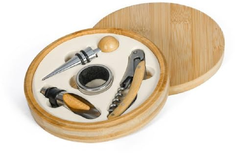 Generico Set Accessori Vino 4 Pezzi in Scatola Rotonda in bambù BOMBONIERA