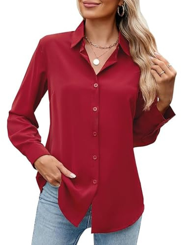 GliAnTok Camisa de manga larga con botones para mujer, ultrasuave, elástica, sin arrugas, para el trabajo, informal, para negocios, oficina, Rojo vino, M