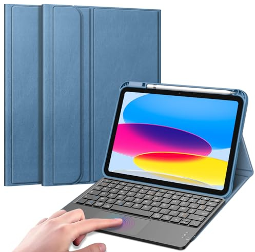 FINTIE Clavier Pavé Tactile pour iPad A16 11 2025/iPad 10e Gen 10.9 2022 | Clavier AZERTY sans Fil Bluetooth, Rechargeable, Coque avec Porte-stylet, Multi-angles, Bleu Naval
