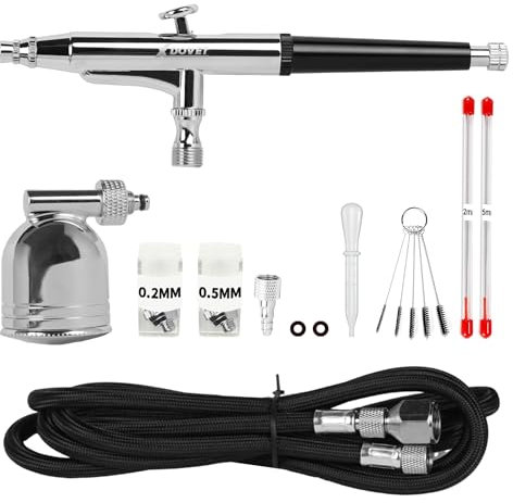 XDOVET Professional Dual Action Airbrush Kit with 7ml Metal Paint Cup and Side Pot - Ideal for Tattoos, Makeup, Nails, Models - 0.2/0.3/0.5mm Needle - Complete Airbrush Kit