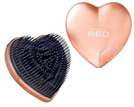 Red by Kiss Sweet Heart Hair Brush, Compact & Portable Travel Size Heart-Shaped Detangler, Two Tier Flexible Teeth Bristles Styler, Brush Cover Included (Chrome Rose Gold)