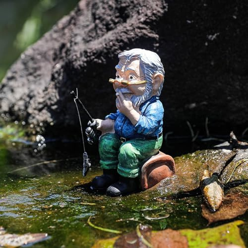 JARPSIRY Fishing Statue Garden Decor, Resin Sitting Fishing Figurine for Outdoor Yard Pond Pool Fish Tank Planter Pot Ornaments Gift (Old Man)