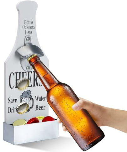 Flaschenöffner Wand Flaschenöffner Mit Auffangbehälter Vintage Holz Bieröffner Einzigartige Geschenkideen Geschenk Für Männer und Bierliebhaber Weiß