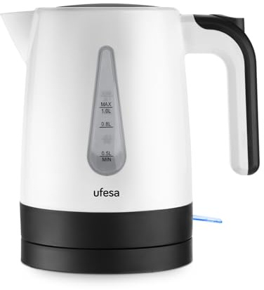 Ufesa Canyon Hervidora de Agua 1200W, 1L, Base 360º sin Cable, Placa de Acero Inoxidable, Sistema de Seguridad Triple, Apertura Fácil, Desconexión Automática, Recogecables