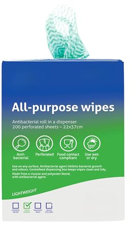 All-Purpose Antibacterial Wipes – 200 Tear-Off Sheets in Gloss Finish Portable Dispenser, Food Contact Safe, Colour-Coded for Hygiene, Inhibits Bacterial Growth (Green)