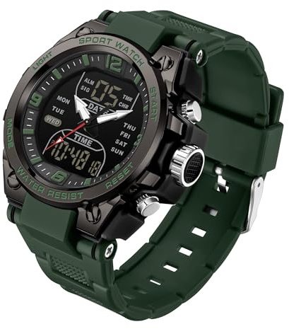 findtime Uhren für Herren, digital, analog, Sport, wasserdicht, taktische Stoppuhr, Militäruhr, großes Zifferblatt, EL-Hintergrundbeleuchtung, Dual-Time, Laufarmbanduhren, grün, Armband