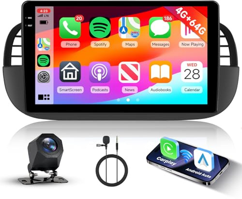 Hodozzy 4GB+64GB Autoradio per Fiat 500 2007-2015 Android 9 Pollici InCell Schermo Carplay Wireless Android Auto, Radio 2 Din Touchscreen per Fiat 500 Bluetooth DSP GPS Navigatore WiFi RDS Telecamera