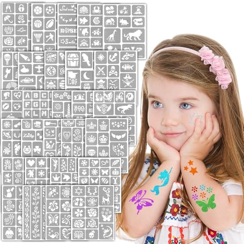 Yazhiji 390-teiliges Set mit temporären Tattoo-Schablonen für Gesicht und Körper, Glitzer-Tattoos für Mädchen und Jungen, Schablonenpaket für Kinder, Schulaufführungen, Geburtstage, Halloween, Weihnac
