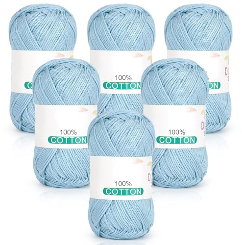 Reessy 100% Cotton Yarn for Crochet and Knitting, 6 Skeins (50g Each, 300g Total), Ideal Crochet Yarn for Dishcloths, Baby Blankets, Wearables & DIY Crafts(Lake Blue)