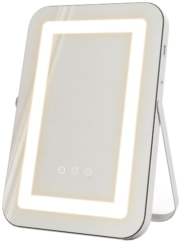 HOMCOM Specchio Trucco con Luci LED Regolabili a 3 Colori, 31x41.5cm | Specchio da Trucco con Presa USB e Ingrandimento 10X, Schermo Touch e Rotazione a 360°, Bianco