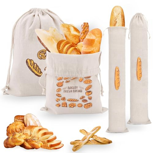 SI SEN 4 Piezas Bolsa de Pan de Lino, Bolsa de Almacenamiento de Pan con Cierre de Cordón,Reutilizables,Bolsa pan Tela para Verduras,Frutas,Nueces,Granos,(38x31cm y 64x16cm)