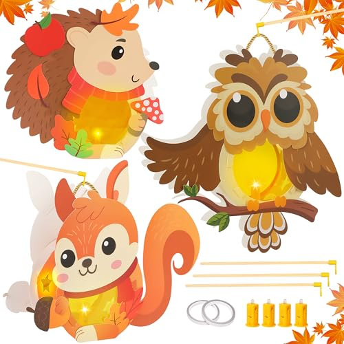 Aragallant Laternen Bastelset, Sankt Martin Laternenstab Kinder LED, Herbst Laterne zum Basteln mit Laternenstab, Tierische Papierlaternen DIY Kreativset Geschenk Jungen Mädchen
