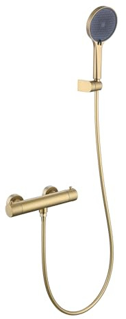 Friota Brushed Gold Thermostatic Shower Mixer Combi Safety Lock Button, 38°C Anti Scald Exposed Shower Mixer Bar, Wall Mounted Temperature Control Bath Shower Mixer Include Hand Shower Set