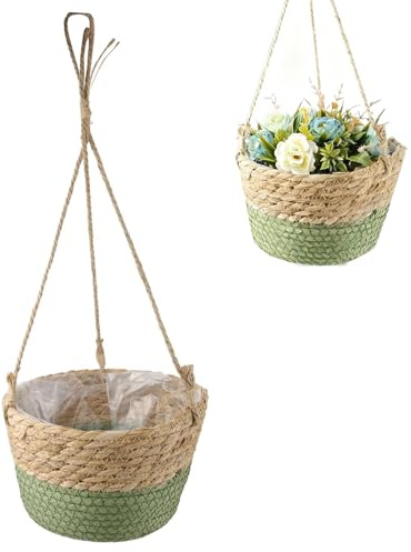 Rcbzzp Cestino di Piante Sospeso, Cesto per Piante in Corda, Vaso da Fiori Sospeso, Fioriera Sospesa da Appendere, per Piante da Appendere per Indoor e Outdoor (Verde)