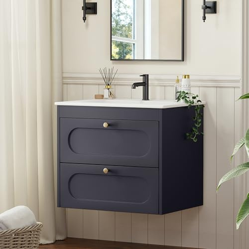 Mepplzian Under Sink Bathroom Cabinet,Bathroom Vanity Units with Basin,Wall Hung Vanity Unit with Wash Basin Ceramic Sink, 2 Drawer Cloakroom Under Sink Storage Cabinet,Wall Mounted 600 mm