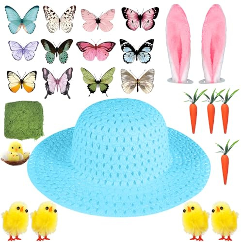 Fogcosy Easter Bonnet Kit, DIY Easter Hat, Handmade Decorations with Bonnet Hat, Craft Supplies Decorations, Craft Set Chicks Rabbit Ears Carrots Nests Grass Butterfly Cap, Bonnet for Party Gathering