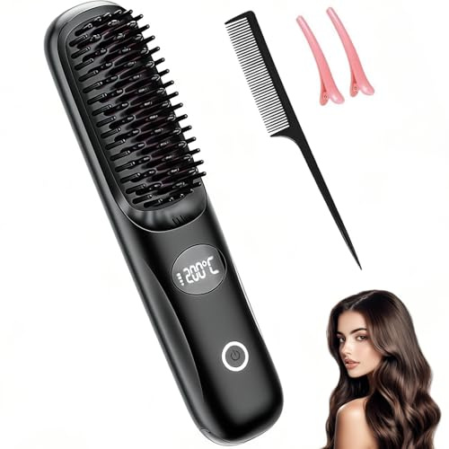 Spazzola elettrica per capelli, portatile, senza fili, 3 livelli di temperatura, spazzola elettrica per capelli, spazzola lisciante a batteria, spazzola lisciante per viaggi, perfetta per lisciare
