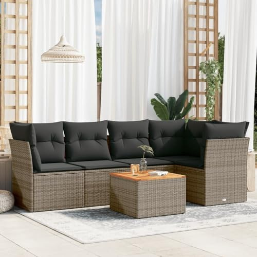 GeenYuu 6-TLG. Garten-Sofagarnitur Grau mit Kissen aus Poly Rattan, modulare Sitzgruppe für Terrasse Balkon und Garten, wetterfestes Lounge-Set mit Stauraum und Akazienholz Tisch