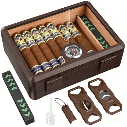 Racocou Cigarrhumidor med glaslock Rakt snitt V-snitts stansverktyg Cederinsida Luftfuktare Hygrometer Krosssäker förvaringslåda Present till män,Brown