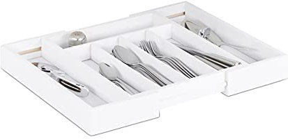 Relaxdays cutlery tray drawer, extendable, variable width, 5 - 7 compartments, bamboo organizer, 37.10 x 31.80 x 5.20, white