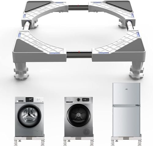DEWEL Support de Machine à Laver Base pour Frigo Lave-linge Sèche-linge 45cm-67cm Hauteur Réglable 6.5-9 cm Charge 300 kg avec l'Effet de Réduiction du Bruit 4 pieds en PP acier inoxydable