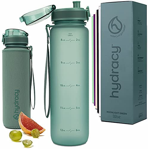 Hydracy Water Bottle with Time Marker -Large 1 Litre BPA Free Water Bottle & No Sweat Sleeve -Leak Proof Gym Bottle with Fruit Infuser Strainer & Times to Drink -Ideal for Fitness Sport & Outdoor