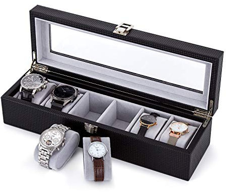 Mondeer Uhrenbox, Uhrenkasten für 6 Uhren mit Glasfenster, 34.5 x 11 x 8.5cm, Kunstleder und Samt-Innenfutter Watch Box mit Silbernem Metallverschluss, Schwarz