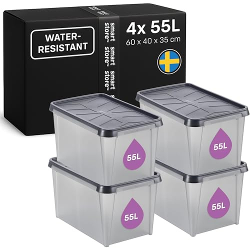 SmartStore Förvaringslåda med Lock 55 L I 4-pack Stapelbar I 60 x 40 x 35 cm I Vattentät, Dammtät I Garage, Källare, Vind I Livsmedelsgodkänd I Tillverkad i Sverige, 10 års Garanti